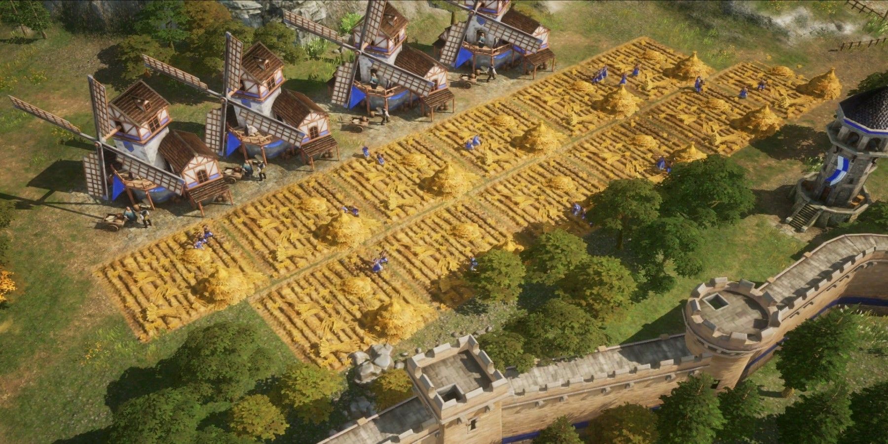 A Key Frame From Age Of Empires Mobile Showing A BLue Settlement Ploughing The Fields