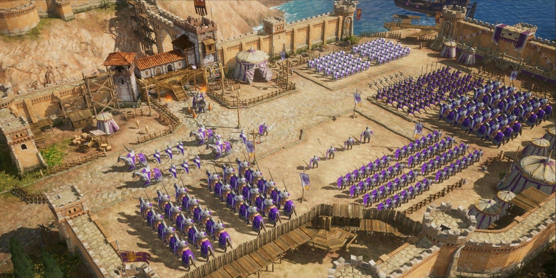 A Key Frame From Age Of Empires Mobile Showing An Army Of Blue Units Within Friendly City Walls