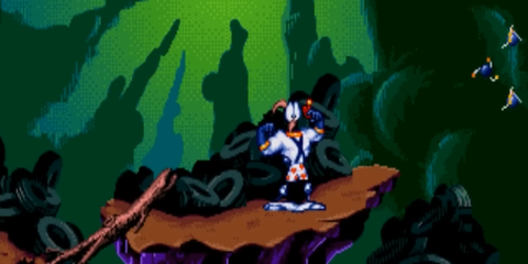 A Key Frame From Earthworm Jim Showing The Eponymous Protagonist Looking Shocked As Its Trousers Fell Down