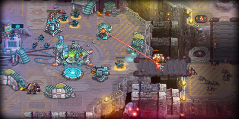 A Key Frame From Iron Marines Showing Allied Units Defending Their Base From Enemy Units