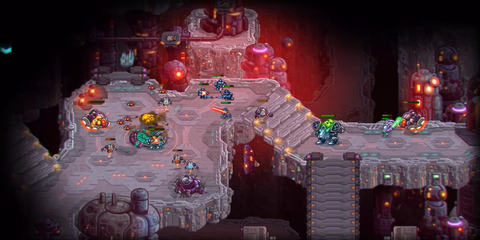 A Key Frame From Iron Marines Showing Allied Units Pursuing Enemies In A Cave Area