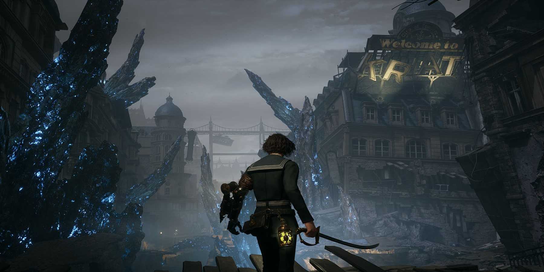A Key Frame From Lies Of P Showing The Protagonist Preparing To Scale A Ruined Building