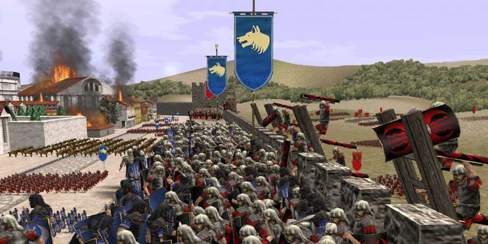 A Key Frame From Rome Total War Showing A Legion Of Romans & A Blue Faction Clashing On The Battlefield