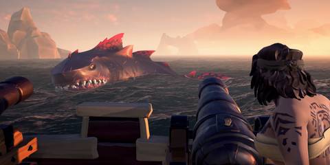 A Key Frame From Sea Of Thieves Showing A Player Aiming A Ship's Cannons Towards A Megalodon
