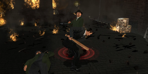 A Key Frame From The Godfather Video Game Showing The Player Wielding A Baseball Bat Against An Enemy In A Burning Building