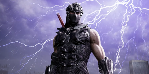 A Key Frame From The Ninja Gaiden 4 Reveal Trailer Revealing Ryu Hyabus Against A Lighting-Streaked Sky