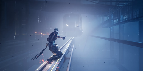 A Key Frame From The Ninja Gaiden 4 Reveal Trailer Revealing Yakumo Riding Along A Train Rail