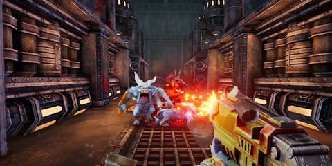 A Key Frame From Warhammer 40K Boltgun Showing The Player Firing At An Enemy