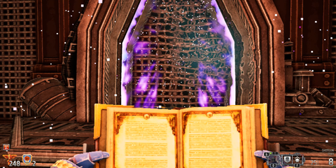 A Key Frame From Warhammer 40K Boltgun Showing The Player Reading A Religious Tome