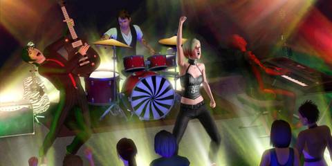 A lively band performance with guitar, drums, and vocals, part of The Sims 3 Late Night expansion
