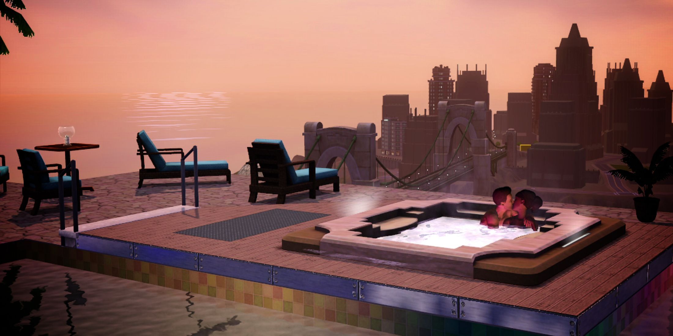 A luxurious rooftop hot tub scene overlooking the city at sunset in The Sims 3 Late Night expansion