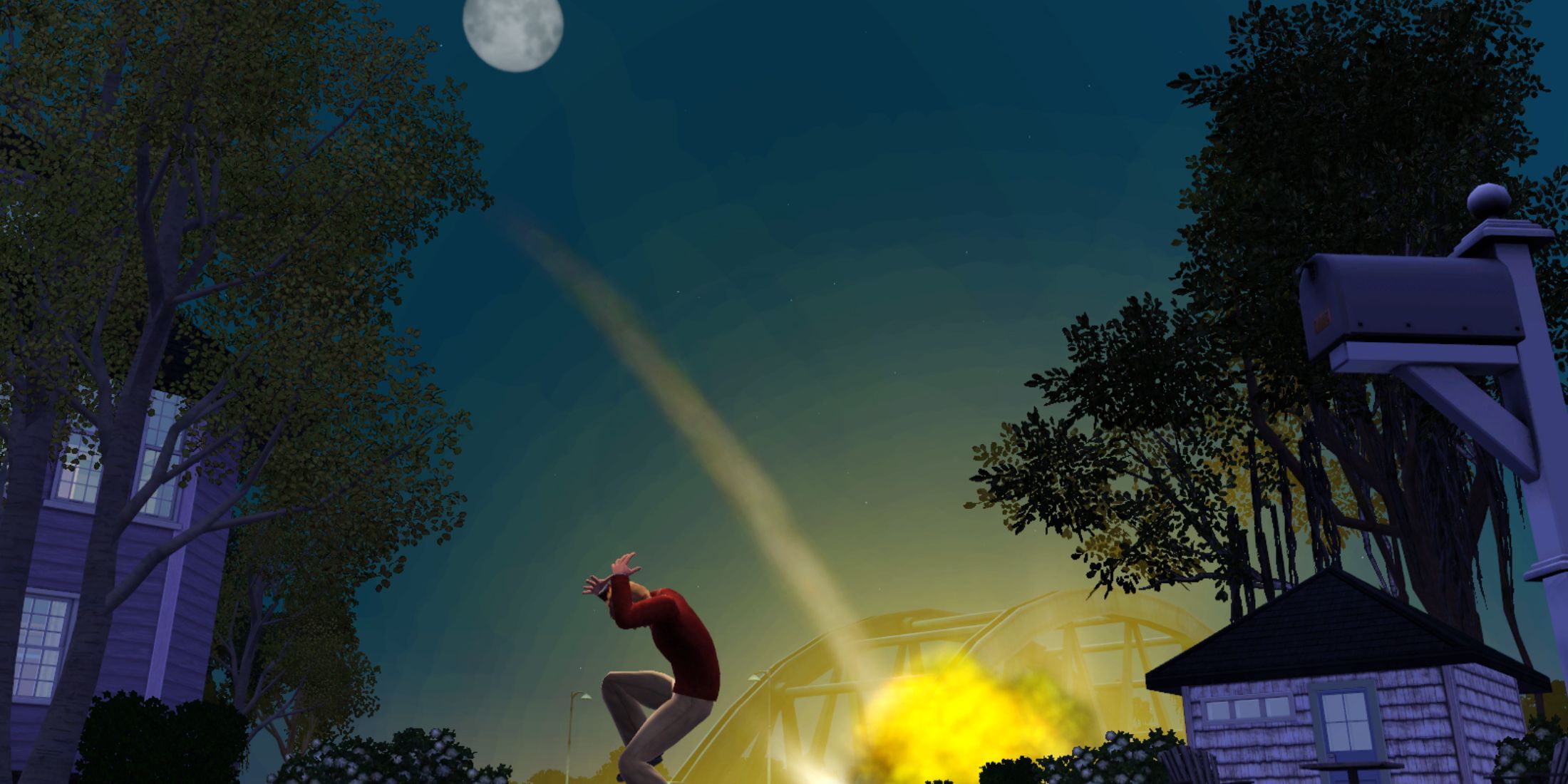 A meteor strikes a Sim’s neighborhood under the moonlight in The Sims 3 Ambitions expansion (2)