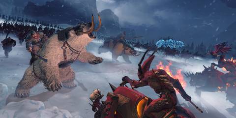 A Piece Of Key Art From Total War Warhammer 3 Showing A Snowy Battle Between Two Enemy Factions