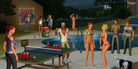 A poolside party with Sims playing beer pong and socializing in The Sims 3 University Life