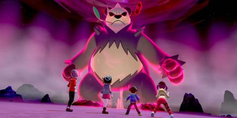 A raid battle with a Dynamax Pangoro.