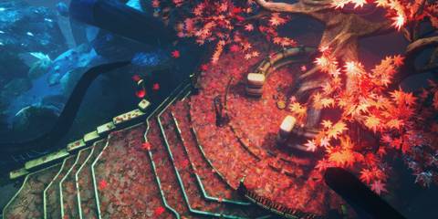 A serene environment in GameDec with a glowing tree surrounded by red leaves, a hallmark of the overlooked isometric RPG