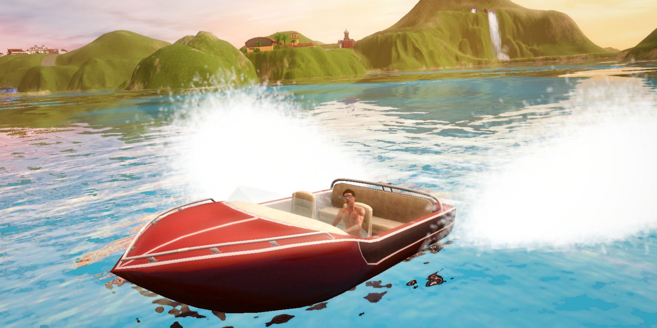 A Sim driving a speedboat on crystal-clear waters from Island Paradise in The Sims 3