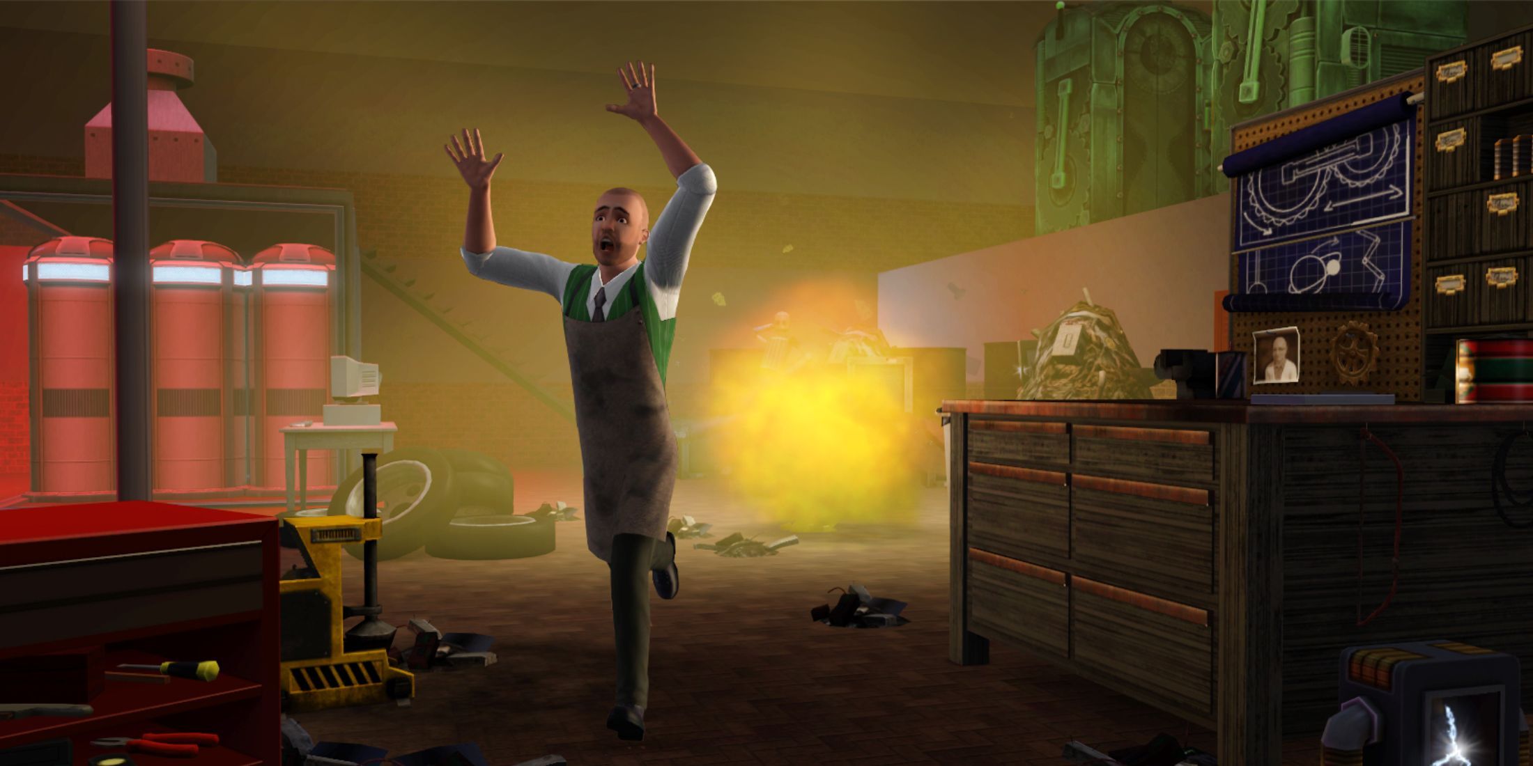 A Sim flees from a laboratory explosion in The Sims 3 Ambitions expansion