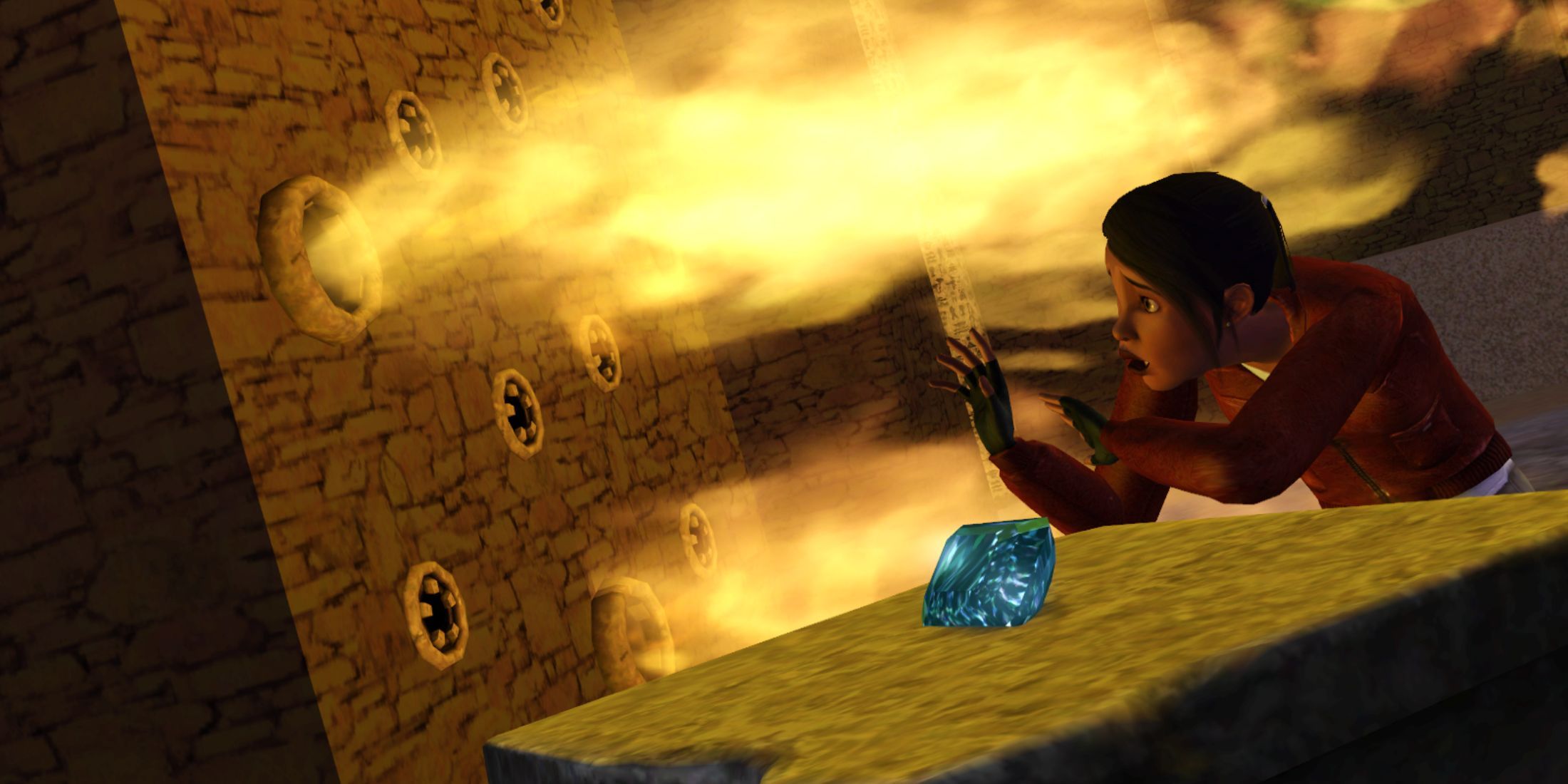 A Sim narrowly escapes a fire trap during exploration in The Sims 3 World Adventures expansion