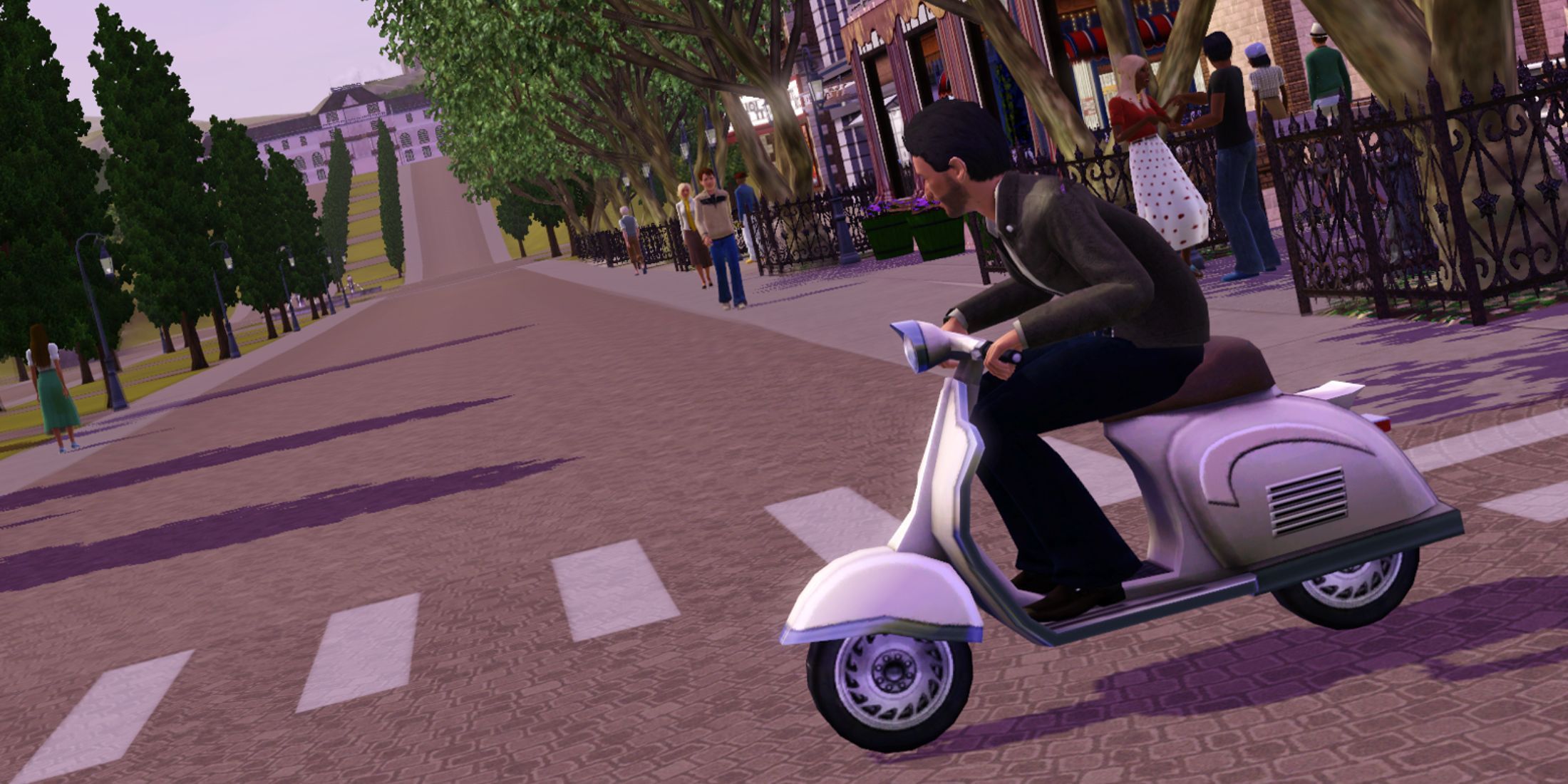 A Sim rides a scooter in a lively town from The Sims 3 World Adventures expansion