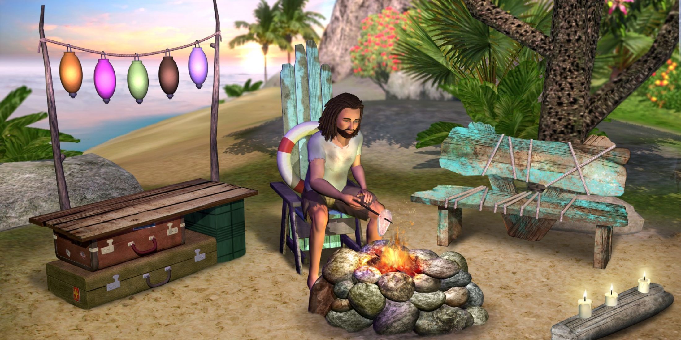 A Sim sitting by a campfire on a tropical beach, showcasing Island Paradise gameplay