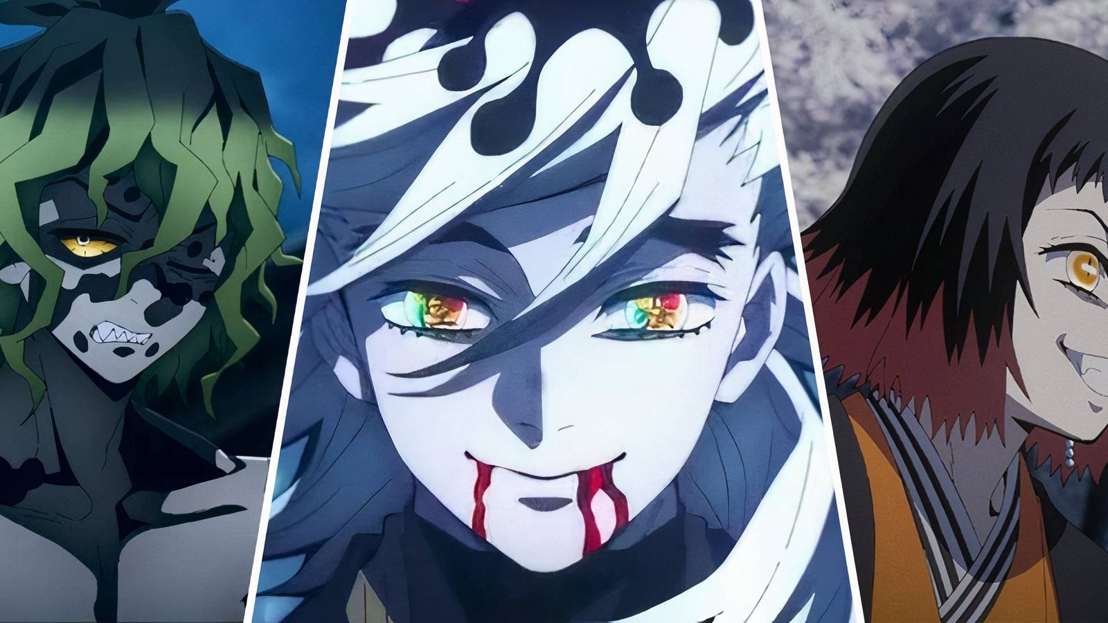 A split image of Gyutaro, Doma and Susamaru in Demon Slayer