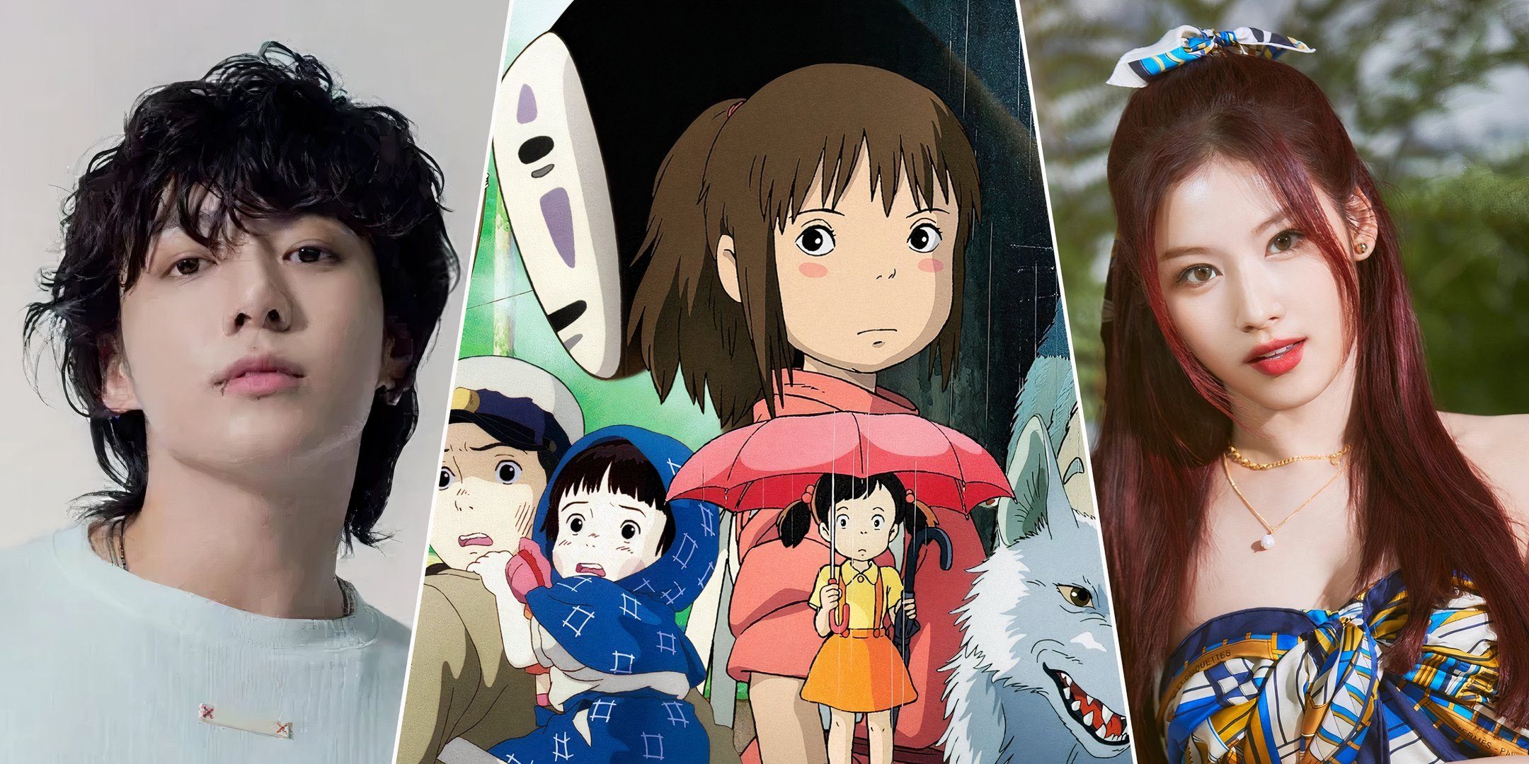 A split image showing Jungkook from BTS, the characters from Ghibli's Studio, and Sana from TWICE