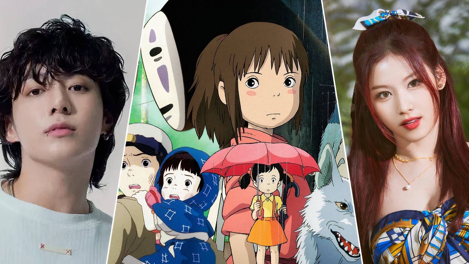 A split image showing Jungkook from BTS, the characters from Ghibli's Studio, and Sana from TWICE