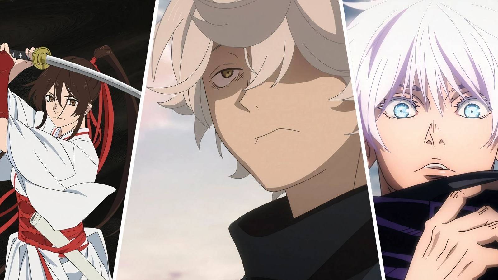 A split image showing Saigiri from Hell's Paradise, Gabimaru from Hell's Paradise and Gojo from JJK