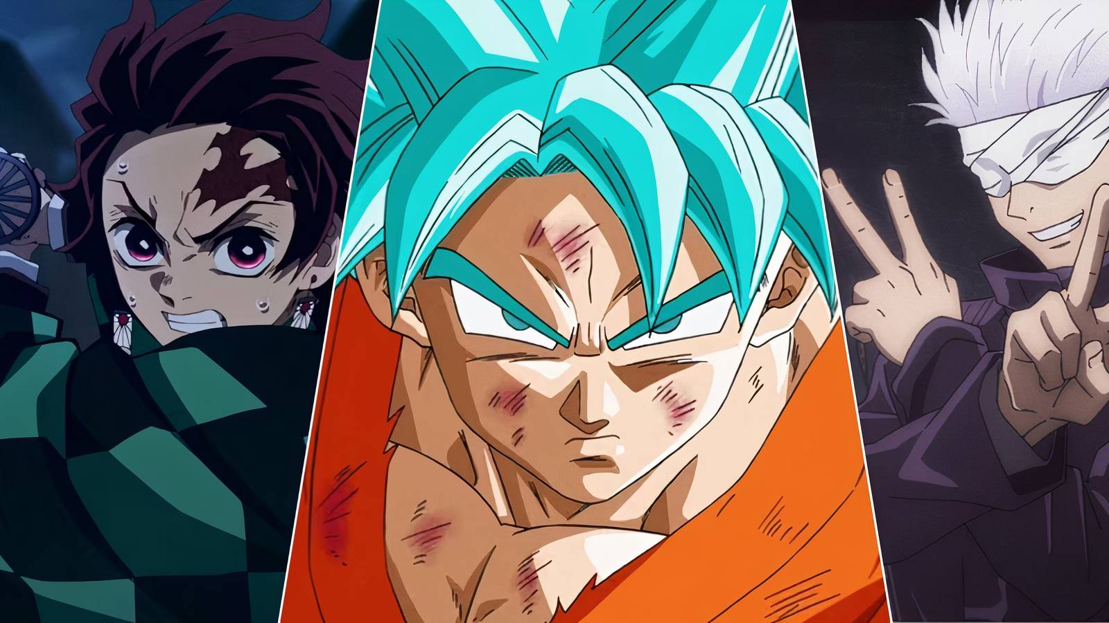 A split image showing Tanjiro from Demon Slayer, Goku from Dragon Ball Z and Gojo from JJK