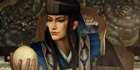A strategist wearing blue robes and a headdress, holding an object in Dynasty Warriors 8