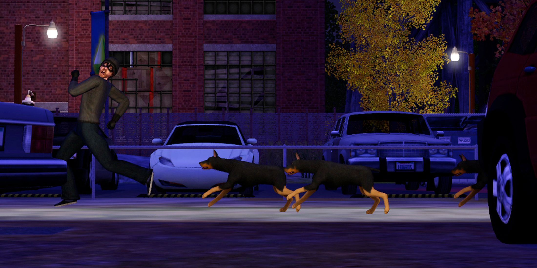 A thief chased by guard dogs during the night, part of The Sims 3 Pets expansion