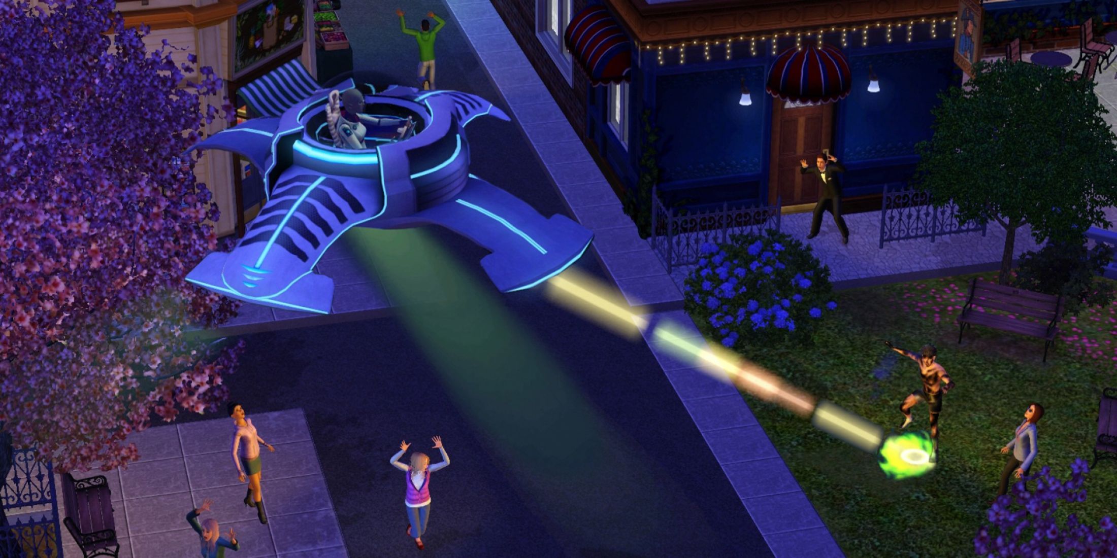 A UFO abducts Sims during a night event in The Sims 3 Seasons expansion