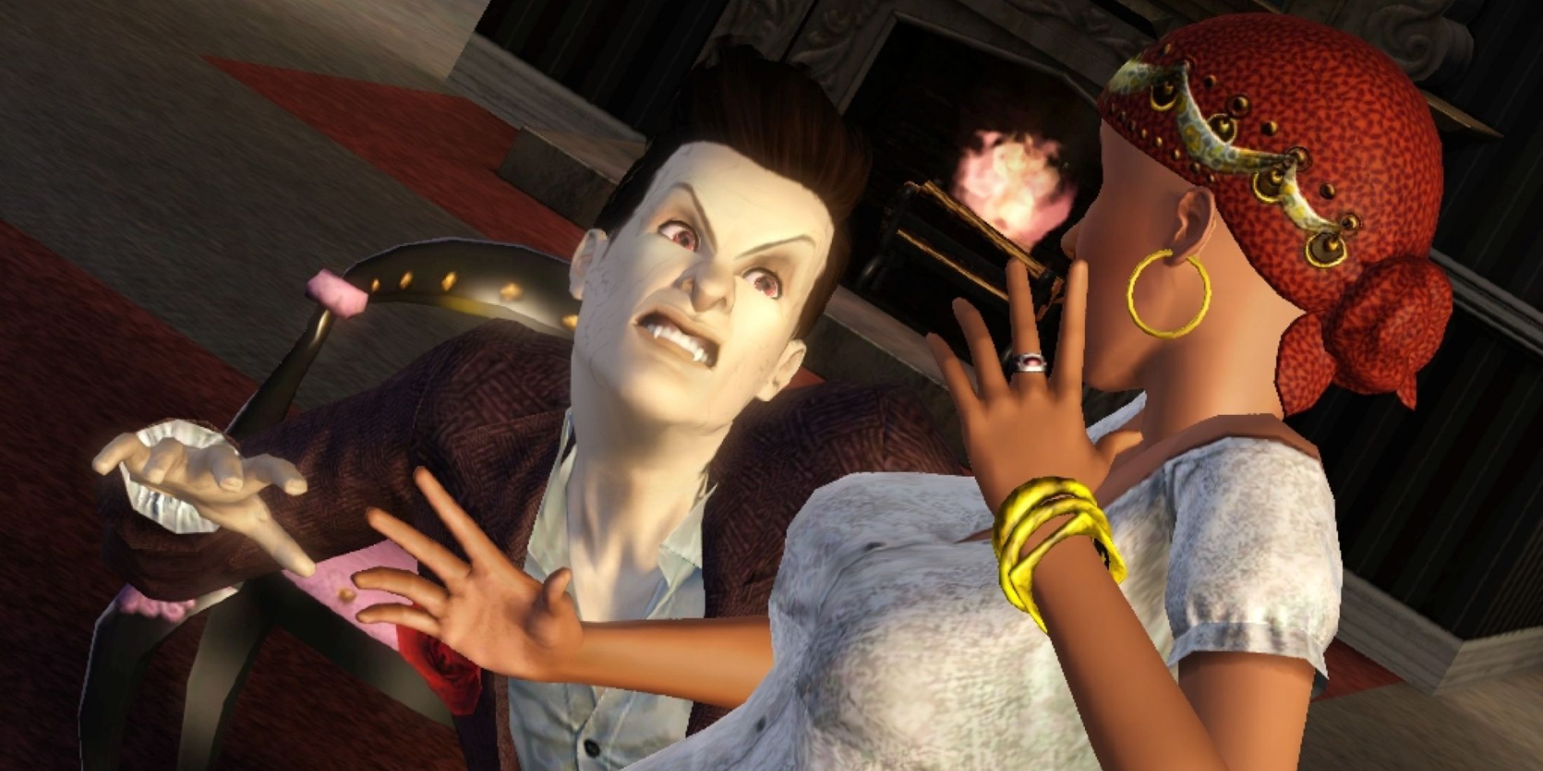 A vampire threatening a Sim inside a dark and mysterious house, part of The Sims 3 Supernatural