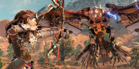 Aloy fighting a robotic flying enemy