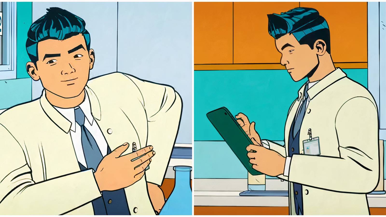 Split image of Amadeus Cho talking to Peter Parker and working on an iPad in Your Friendly Neighborhood Spider-Man