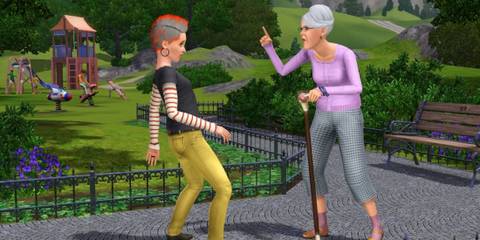 An elder argues with a punk at the park in The Sims 3 Generations expansion
