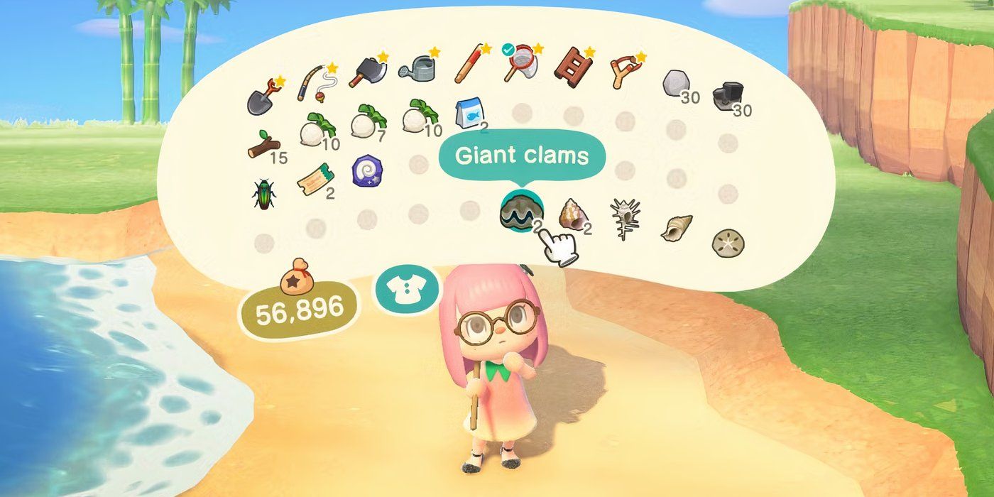 Animal Crossing New Horizons Sea Shells menu on beach