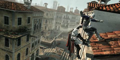 Assassin's Creed 2 Ezio throwing a guard off a roof