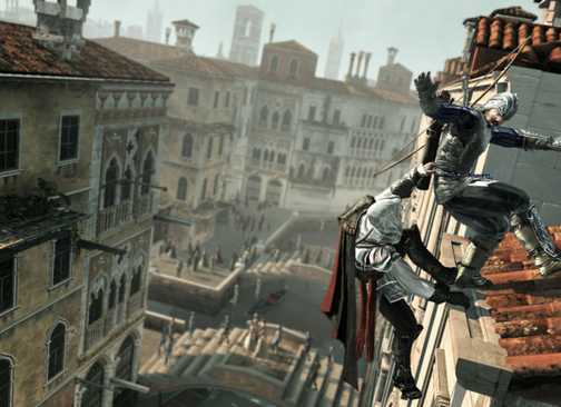 Assassin's Creed 2 Ezio throwing a guard off a roof