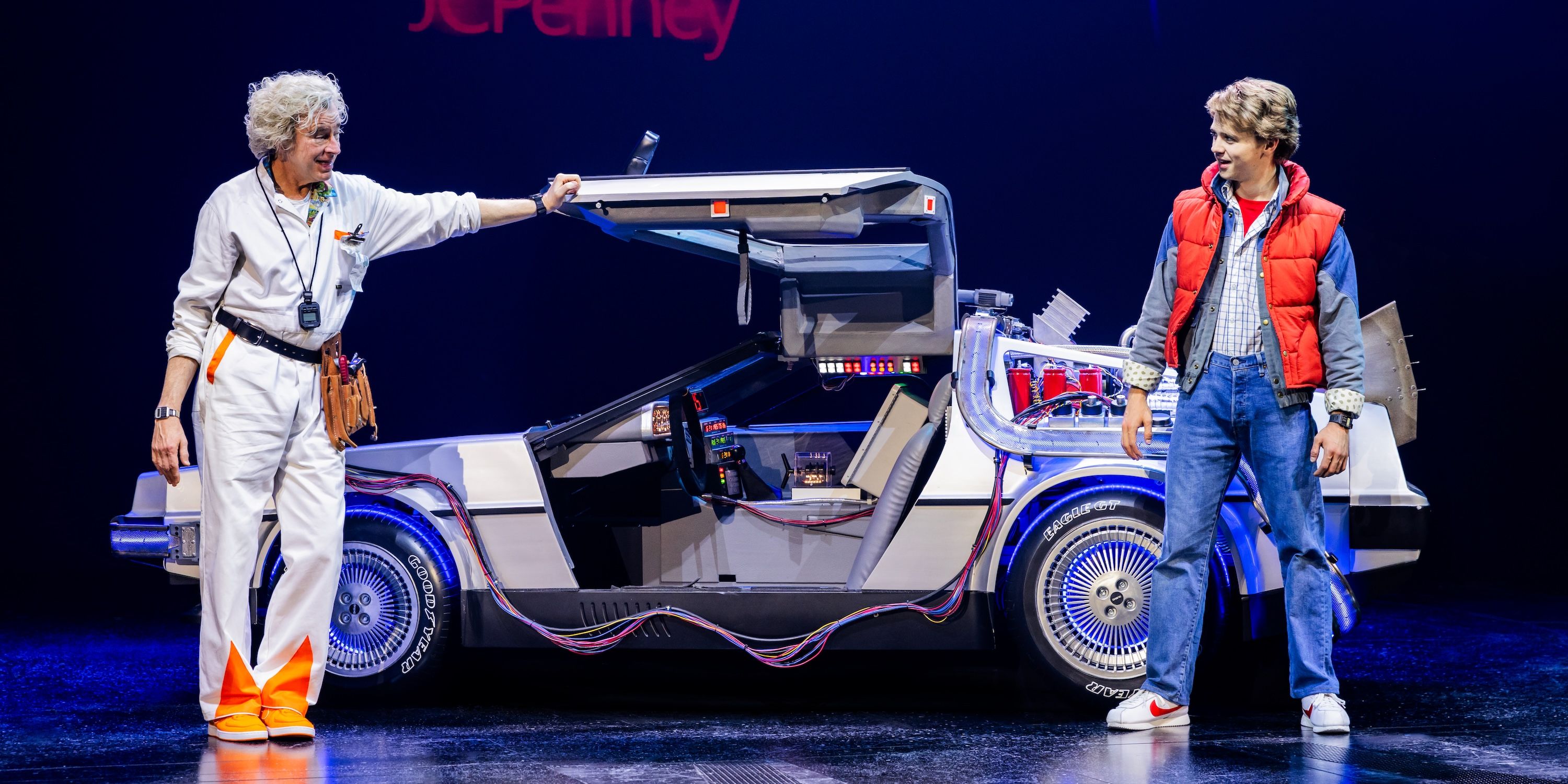 marty and doc with the delorean in back to the future the musical