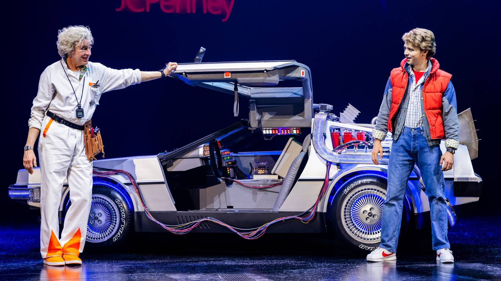 marty and doc with the delorean in back to the future the musical