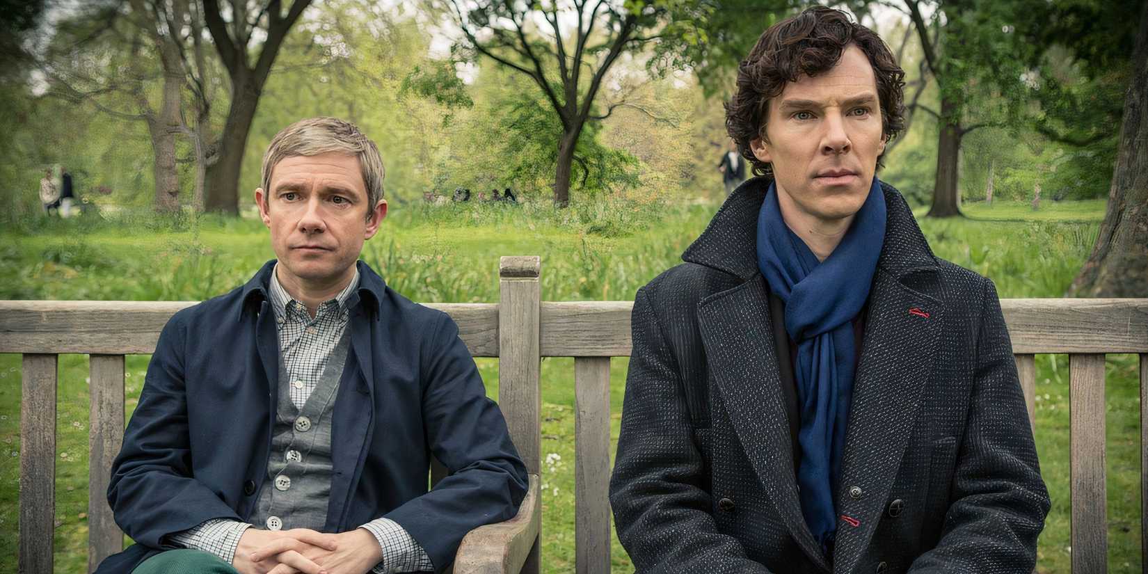 John Watson and Sherlock Holmes sitting on a bench in BBC's Sherlock 