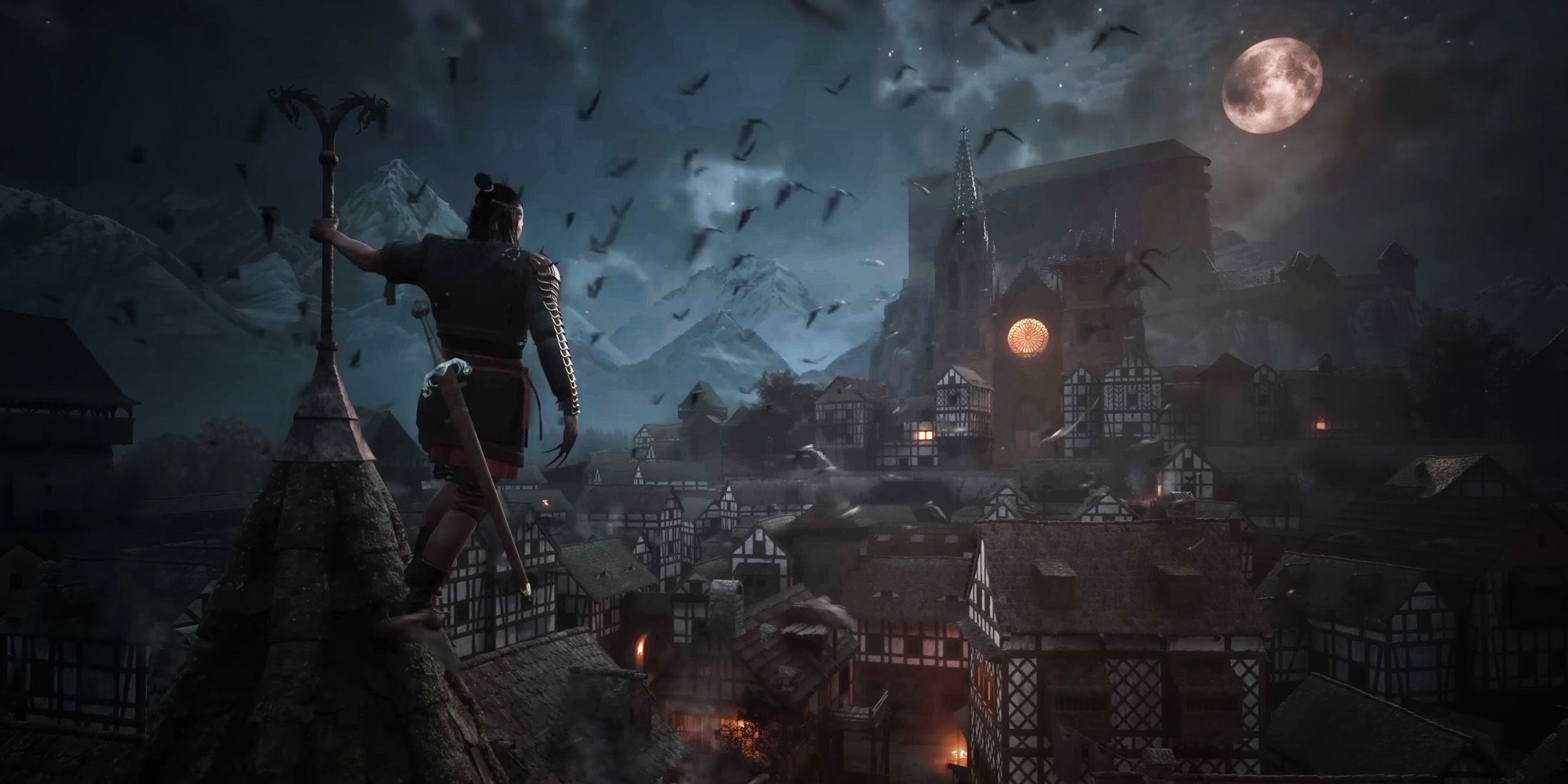 Blood of Dawnwalker medieval cityscape at night, gameplay teaser, still image