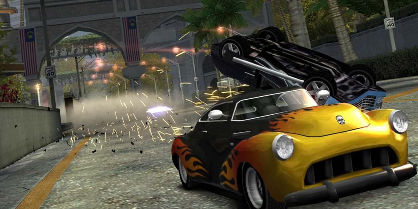 Burnout Dominator car blazing through other on road up close