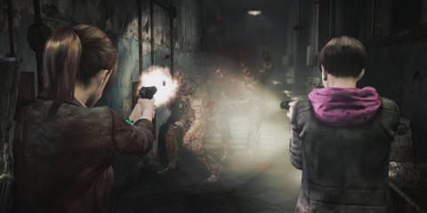 Claire and Moira shooting enemies in Resident Evil Revelations 2