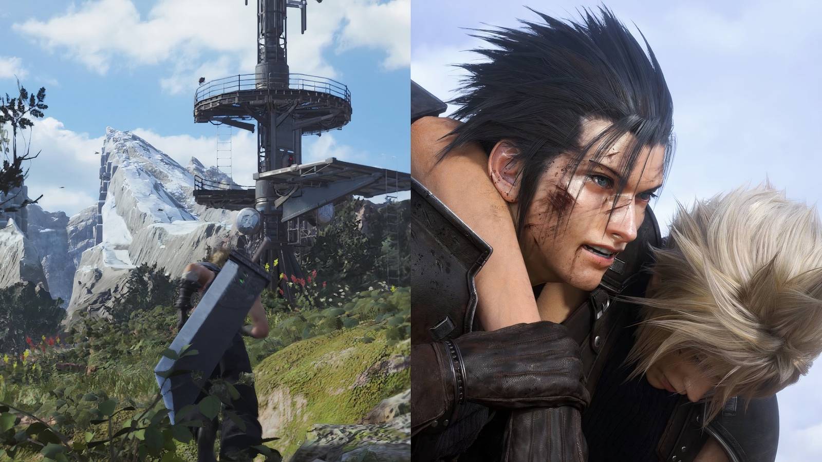 Cloud running in the field on the left and Zak holding Cloud on the left