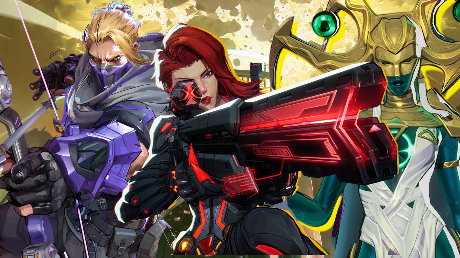 Collage image of Hawkeye, Black Widow, and Hela from Marvel Rivals