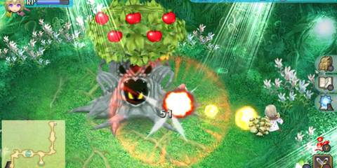 Combat scene against a menacing apple tree monster in Rune Factory 4