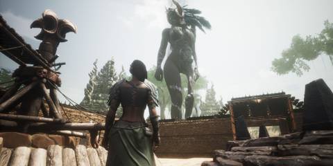Conan Exiles A character staring at a giant humanoid creature 